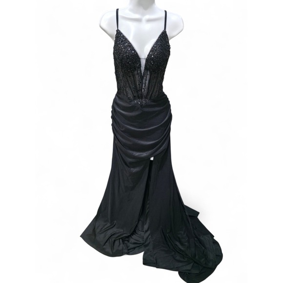 Black Sparkle Corset Slit Gown Formal Evening Special Occasion Size M - Picture 5 of 7